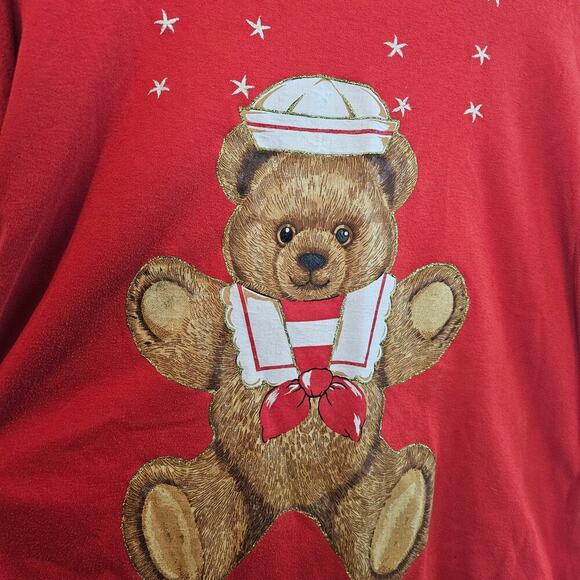 Vintage Bechamel Teddy Bear T-Shirt Womens Large Red 80s Nautical Granny Sailor - Picture 3 of 10